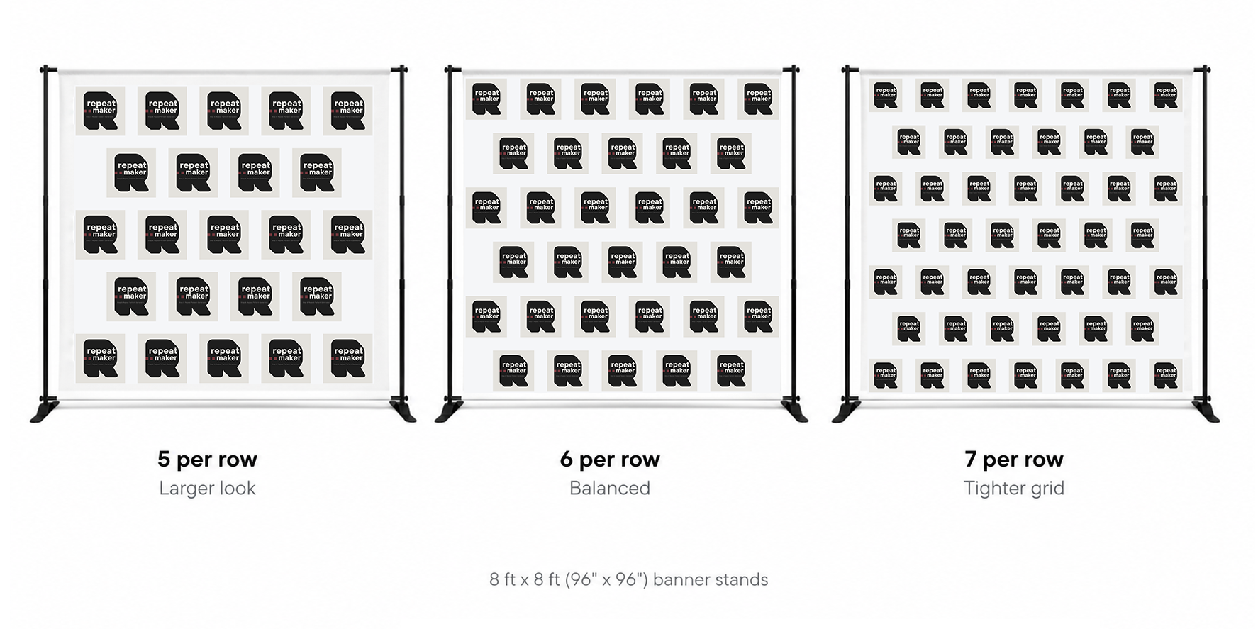 Step and repeat backdrop examples showing 5, 6, and 7 logos per row on an 8 ft by 8 ft banner stand